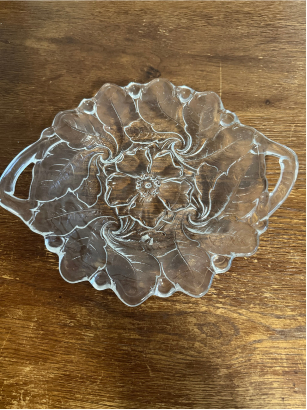 Vintage Clear Pressed Glass Poinsettia Floral Serving Tray Platter Handles